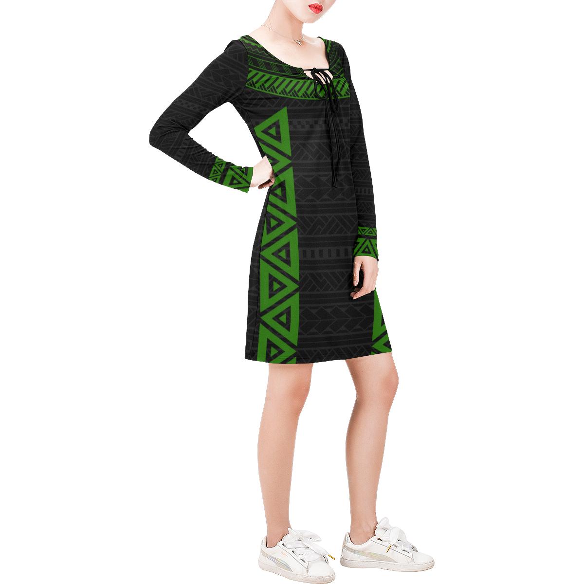 Polynesian Long Sleeve String Tie Dress - Black Parallel Pattern Green Women Green - Polynesian Pride