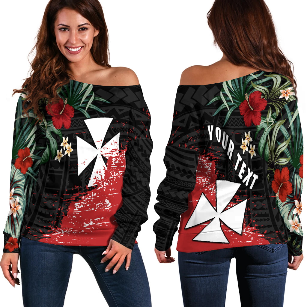 (Custom Personalised) Wallis and Futuna Polynesian Off Shoulder Sweater Fantastic Flowers LT13 Black - Polynesian Pride