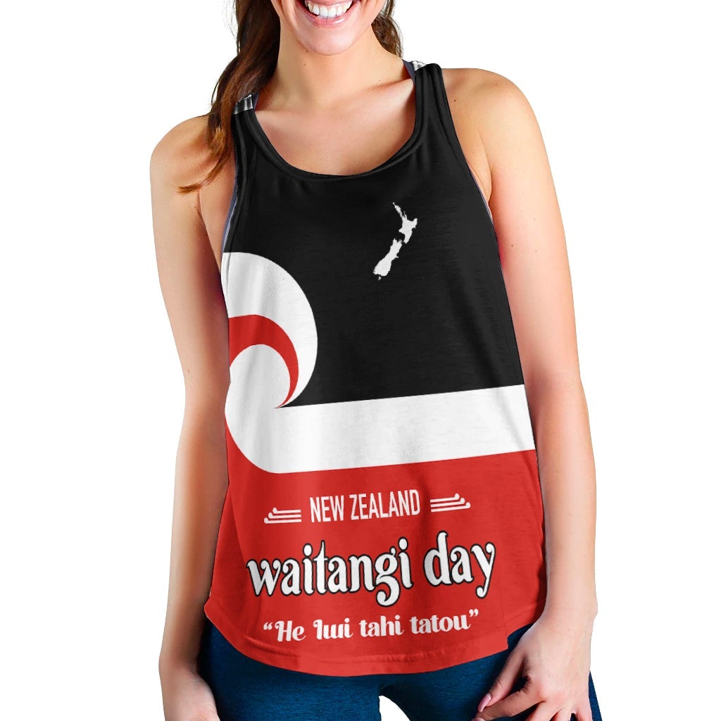 (Custom Personalised) Waitangi Day Women Racerback Tank Maori Fern and Tino Rangatiratanga Flag LT13 - Polynesian Pride