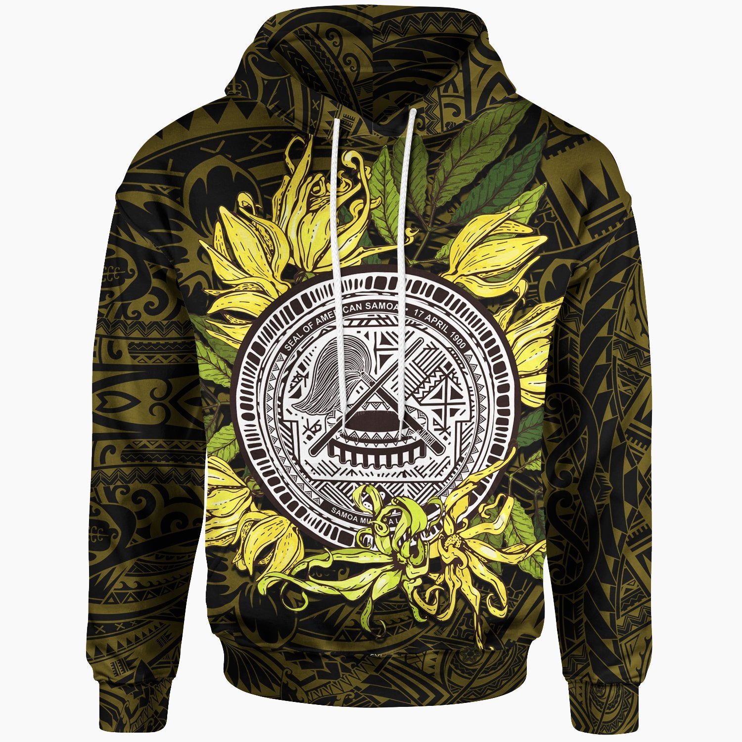 American Samoa Hoodie Polynesian Ylang Ylang Flowers Unisex Black - Polynesian Pride