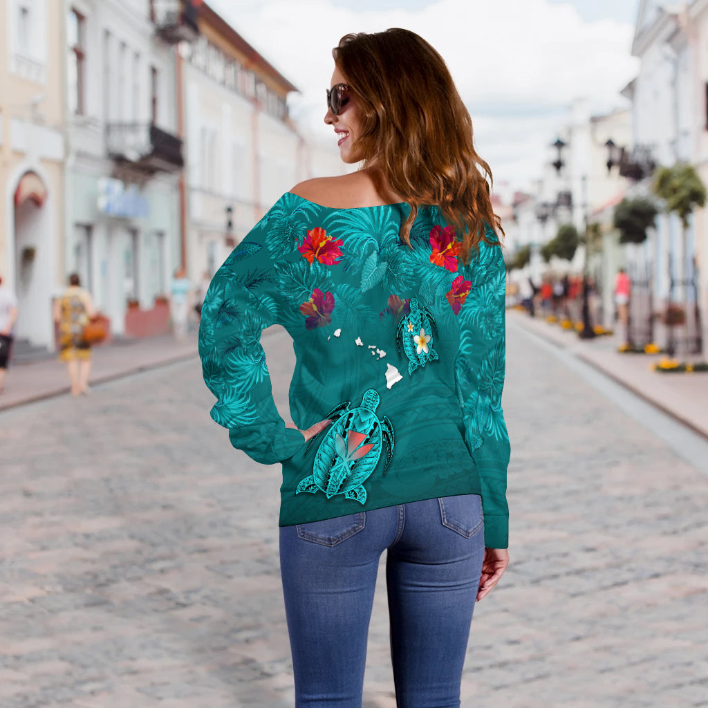 Hawaiian Islands Off Shoulder Sweater - Hawaii Tropical Flowers and Turtles Turquoise LT13 - Polynesian Pride