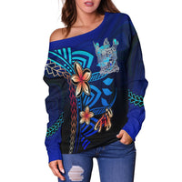 Fiji Women's Off Shoulder Sweater - Vintage Tribal Mountain Crest - Polynesian Pride