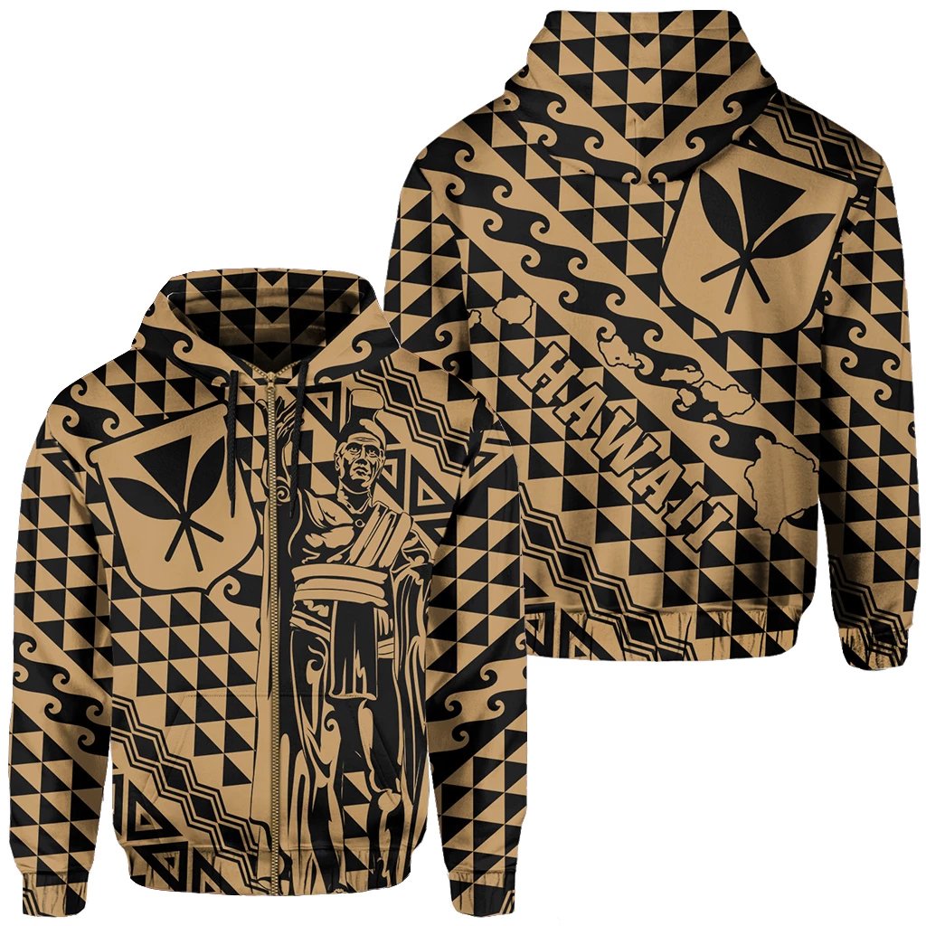 Hawaii Hoodie (Zip) King Kakau Kanaka Gold Unisex Gold - Polynesian Pride