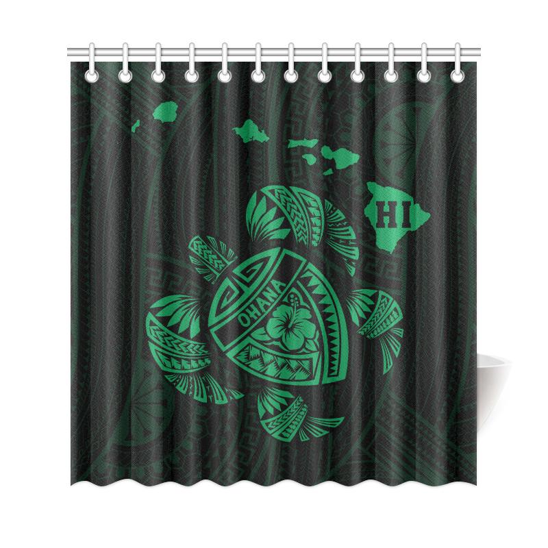 Hawaii Kakau Polynesian Turtle Map Shower Curtain - Green - Polynesian Pride