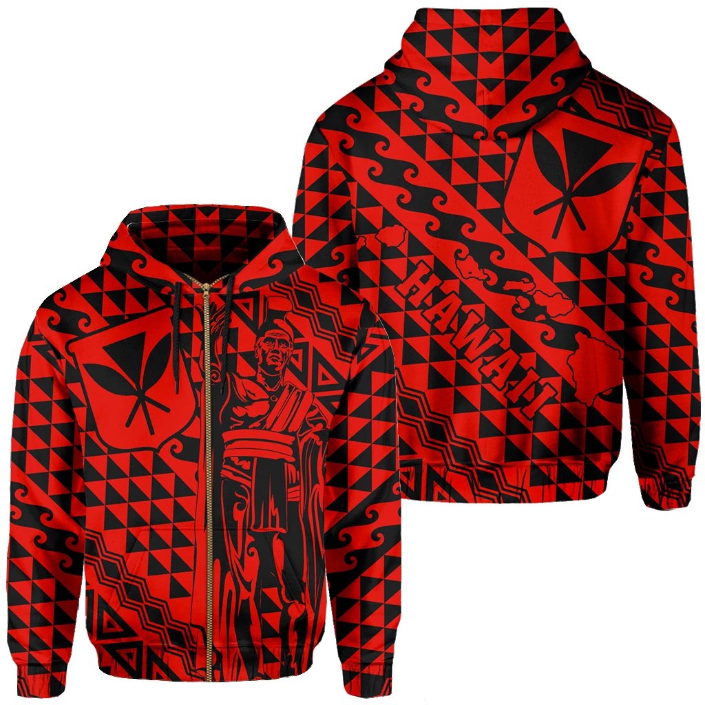 Hawaii Hoodie (Zip) King Kakau Kanaka Red Unisex Red - Polynesian Pride