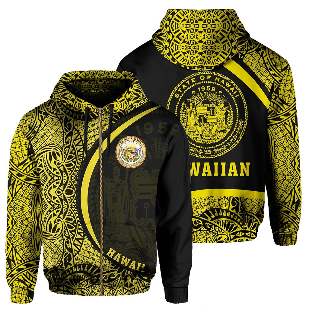 Hawaii Polynesian Zipper Hoodie Yellow Round Style Unisex Yellow - Polynesian Pride