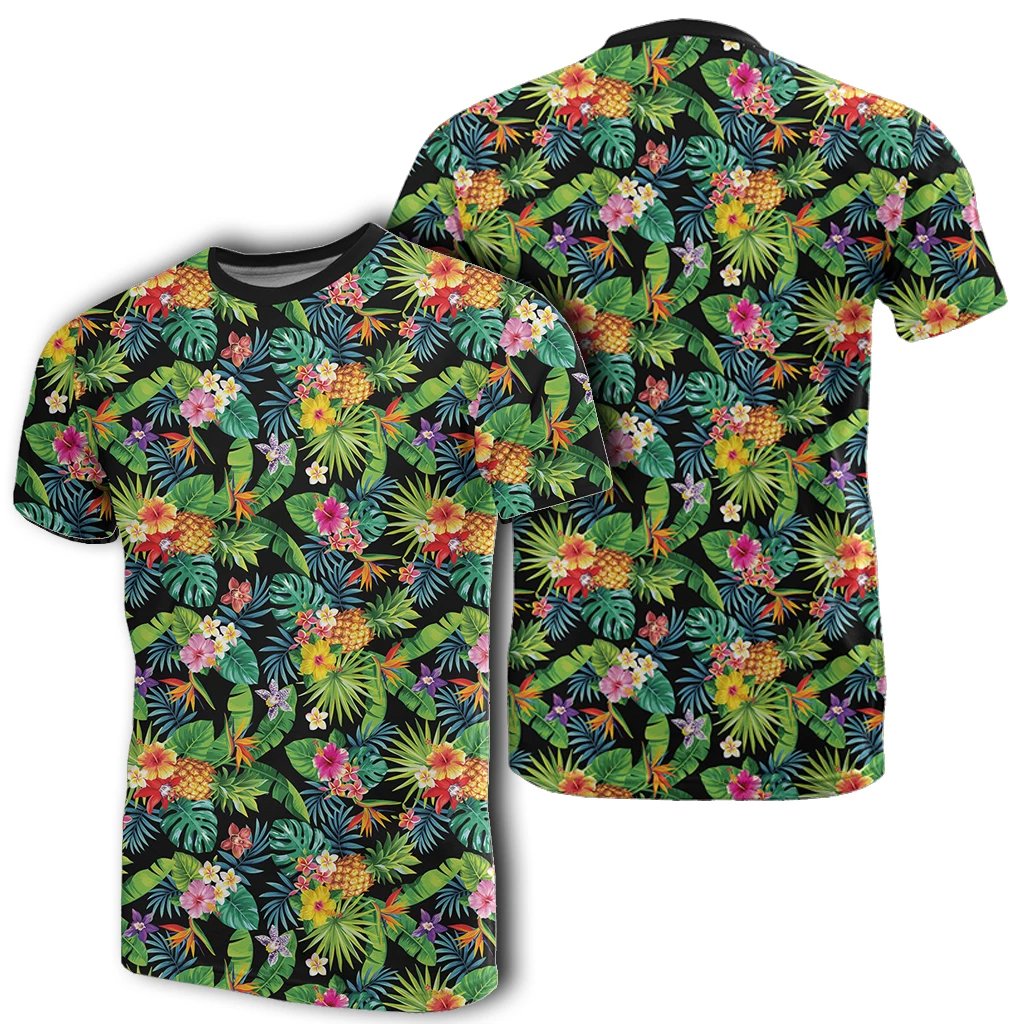 Hawaii Tropical Pattern With Pineapples, Palm Leaves and Flowers T Shirt Unisex White - Polynesian Pride