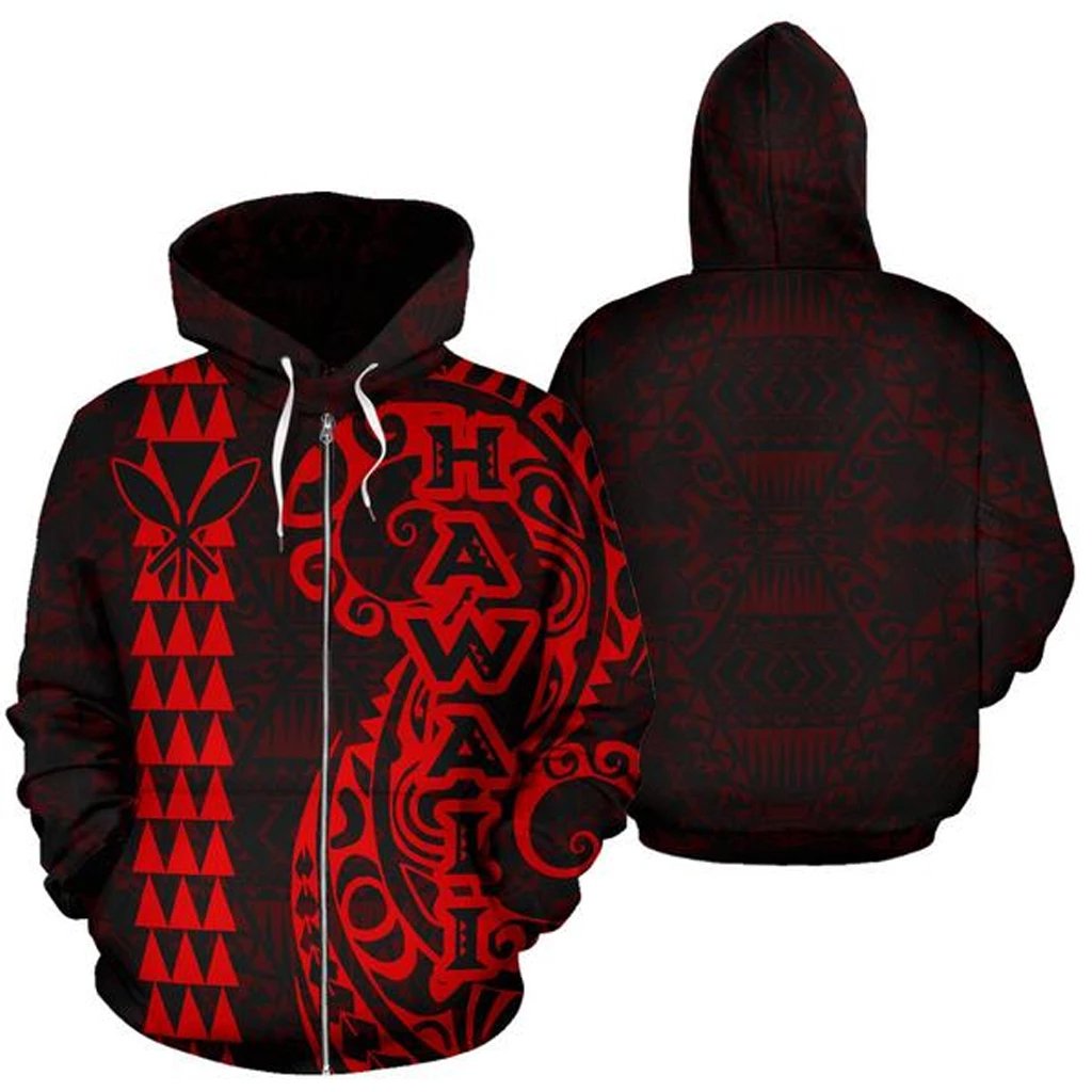 Hawaii Tattoo Zip up Hoodie Red Unisex Red - Polynesian Pride