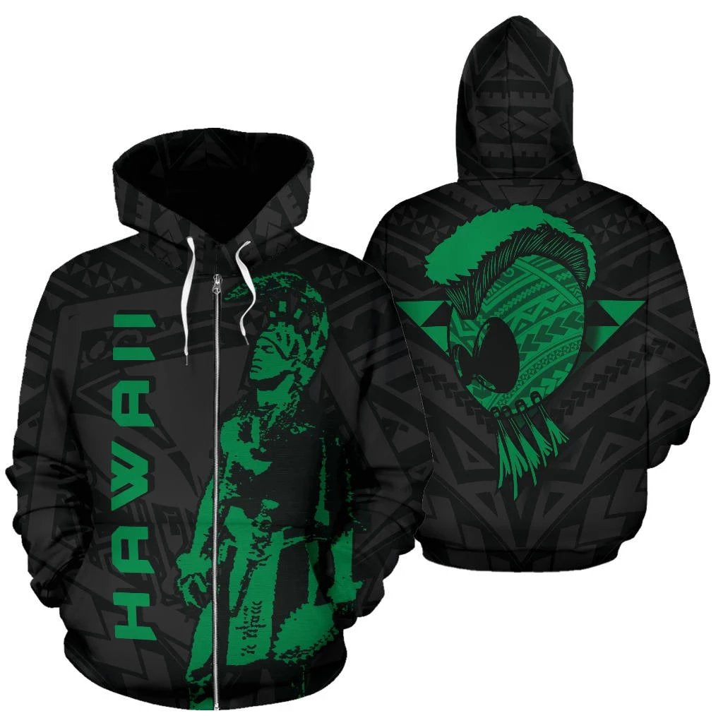 Hawaii Helmet Polynesian Green Kanaka Warrior Hoodie (Zip) Unisex Green - Polynesian Pride