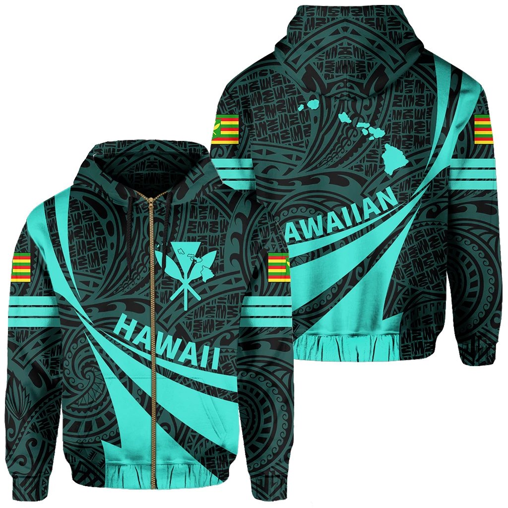 Kanaka Polynesian Zipper Hoodie Turquoise Doma Style Unisex Turquoise - Polynesian Pride