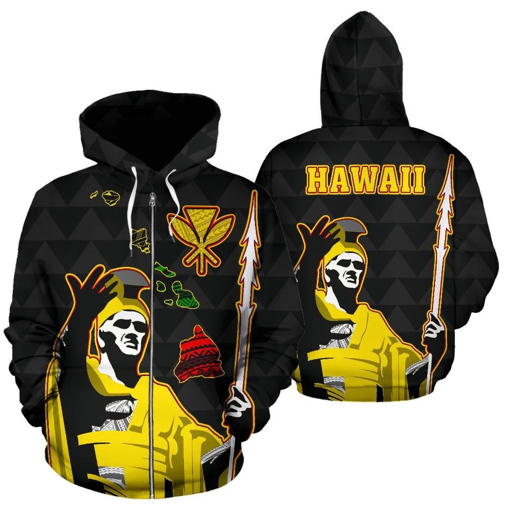 Hawaiian King Guardian Zip up Hoodie Unisex Black - Polynesian Pride