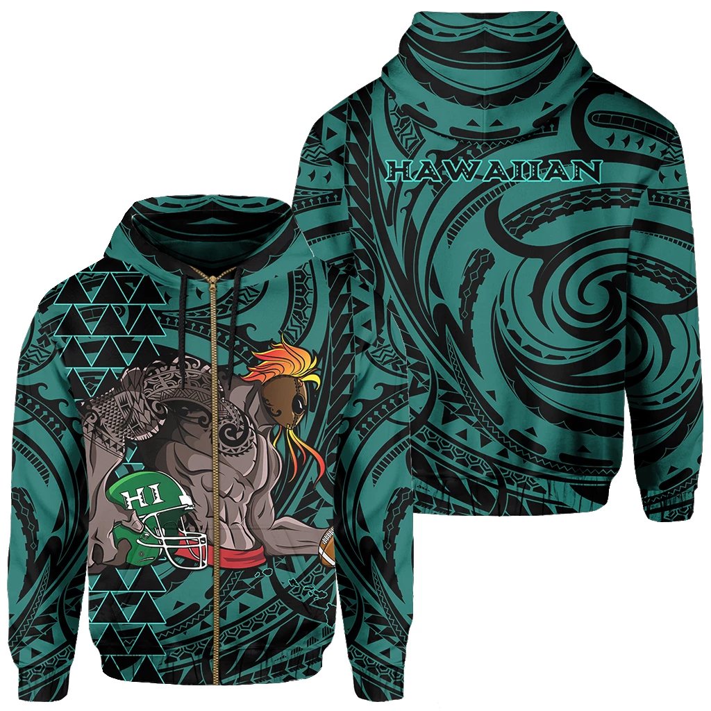 Kakau Turquoise Hawaii Warrior Football Hoodie (Zip) Unisex Turquoise - Polynesian Pride