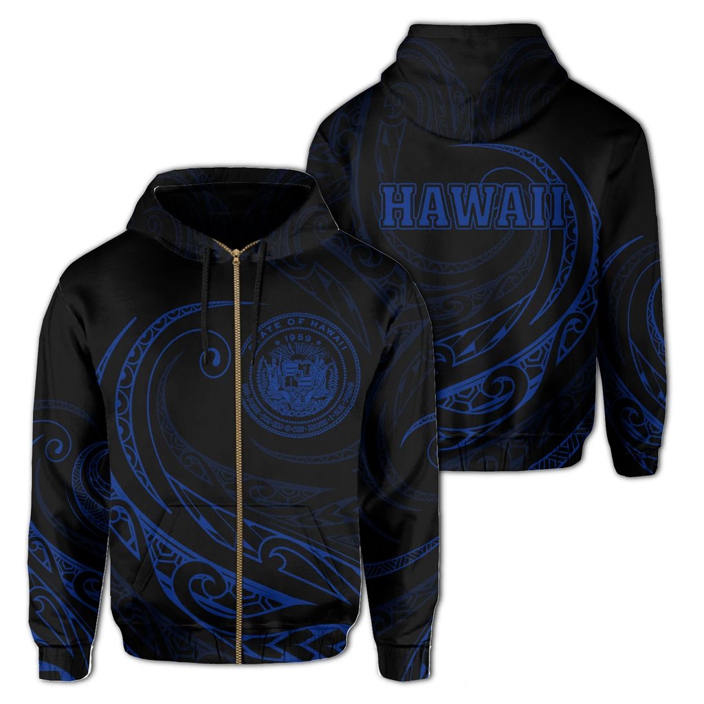 Hawaii Zipper Hoodie Frida Style Blue Unisex Black - Polynesian Pride