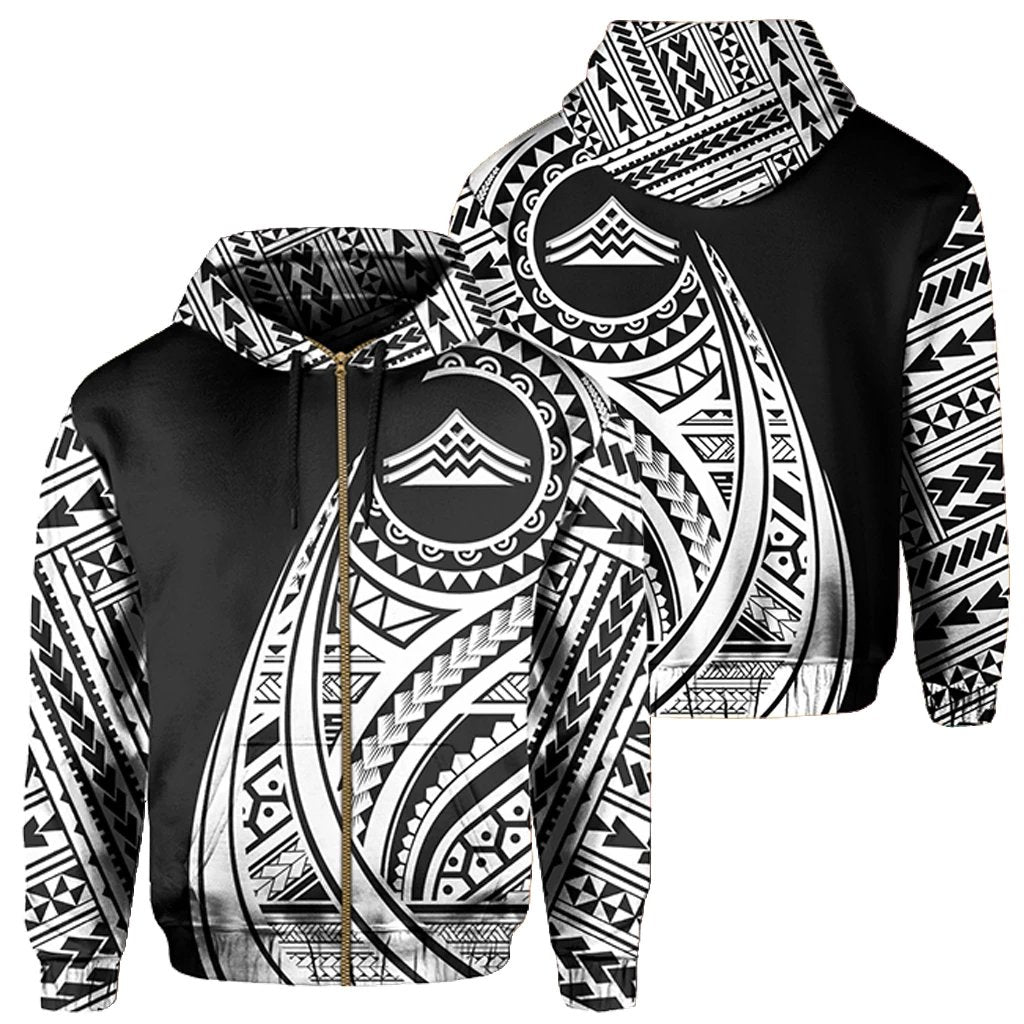 Hawaii Mauna Kea Polynesian Zip up Hoodie Tatoo Style White Unisex White - Polynesian Pride