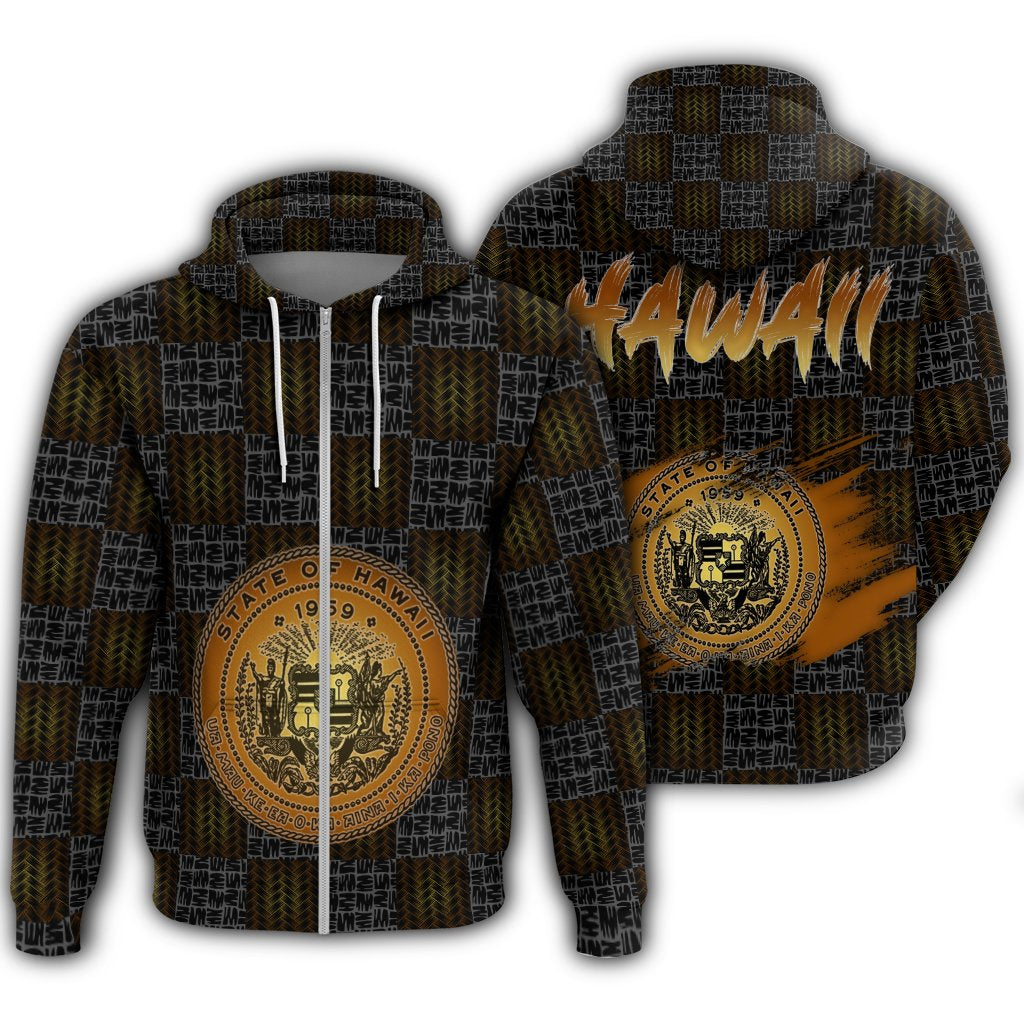 Hawaiian Hawaii Coat of Arms Inside Zipper Hoodie Gold Glow Style Unisex Art - Polynesian Pride