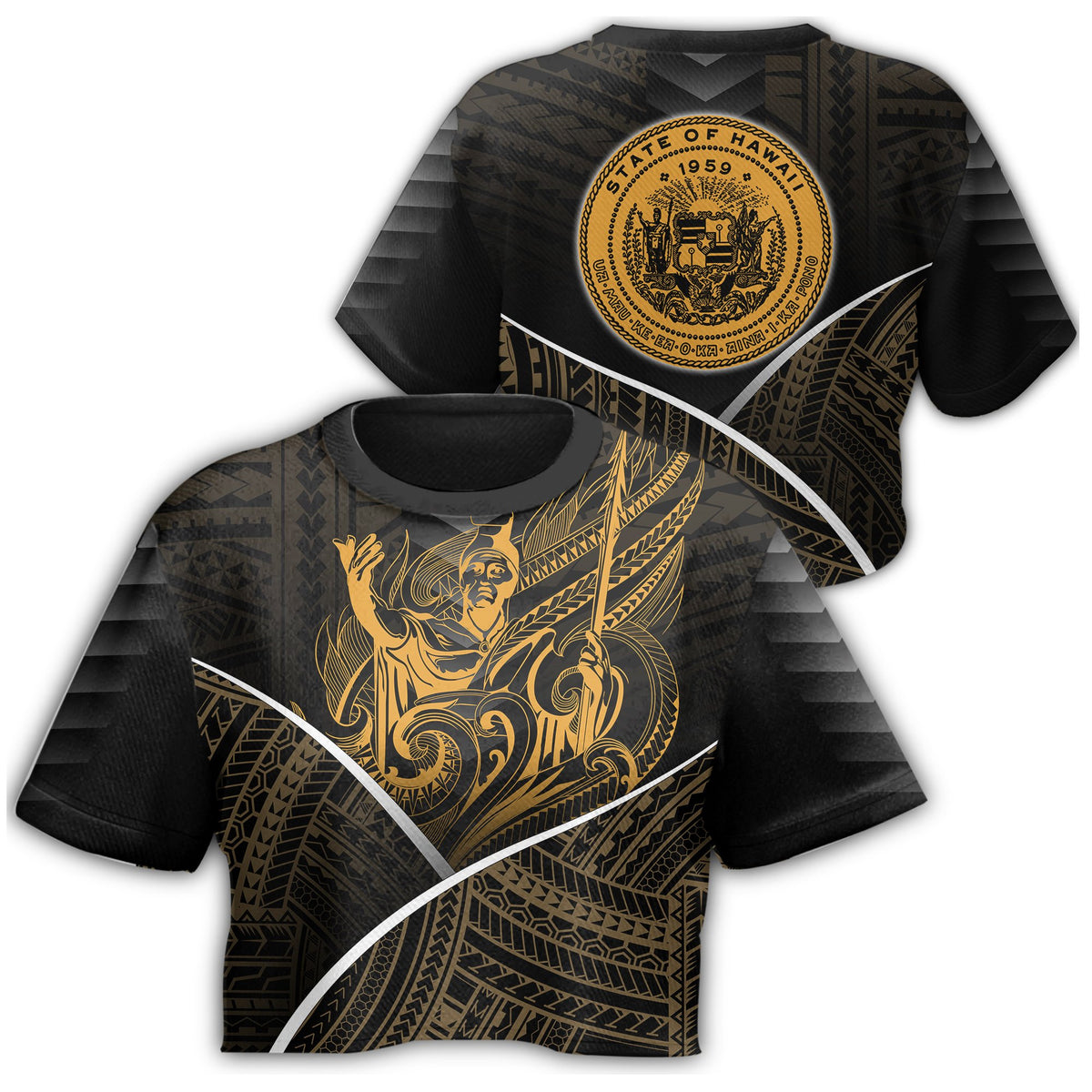 Hawaiian - King's Hawaii Coat Of Arms Polynesian Crop T-Shirt - Mana Style - AH Female Black - Polynesian Pride