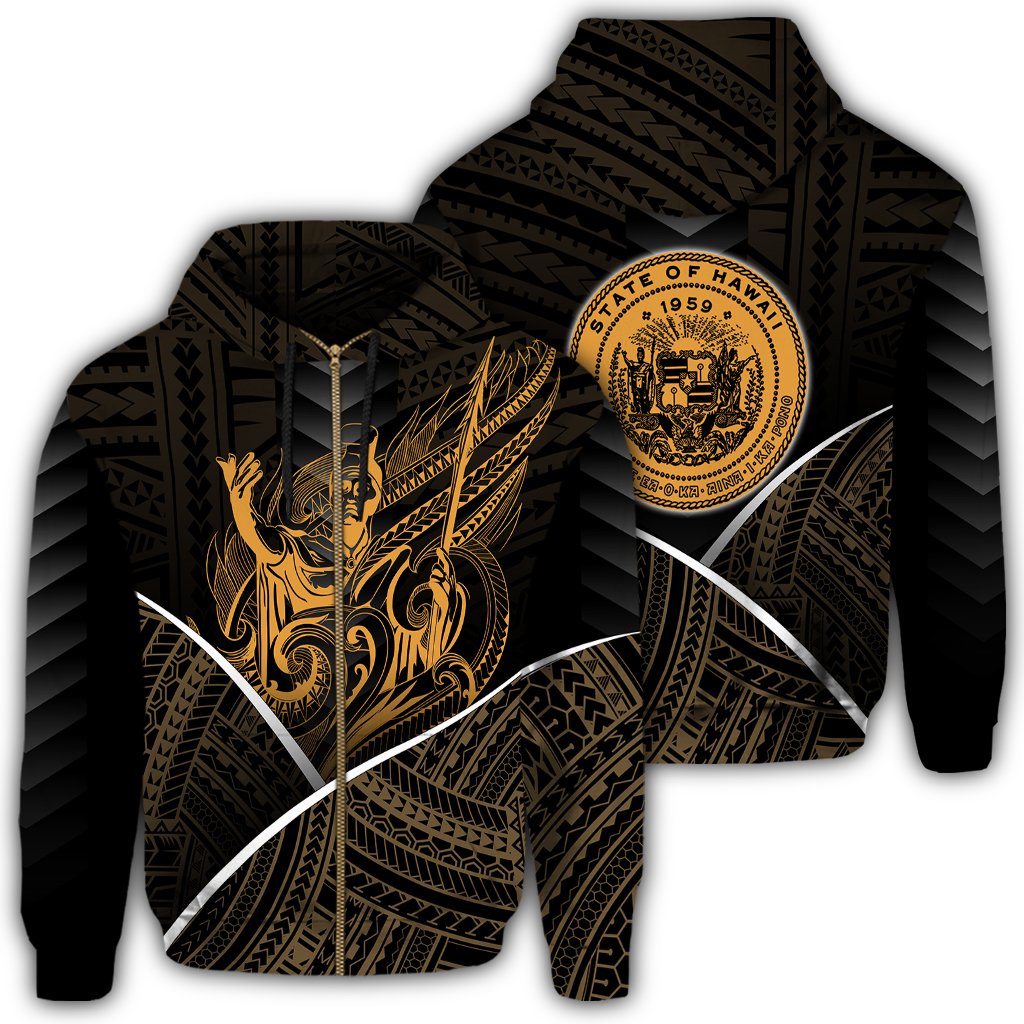 Hawaiian Kings Hawaii Coat of Arms Polynesian Zipper Hoodie Mana Style Unisex Black - Polynesian Pride