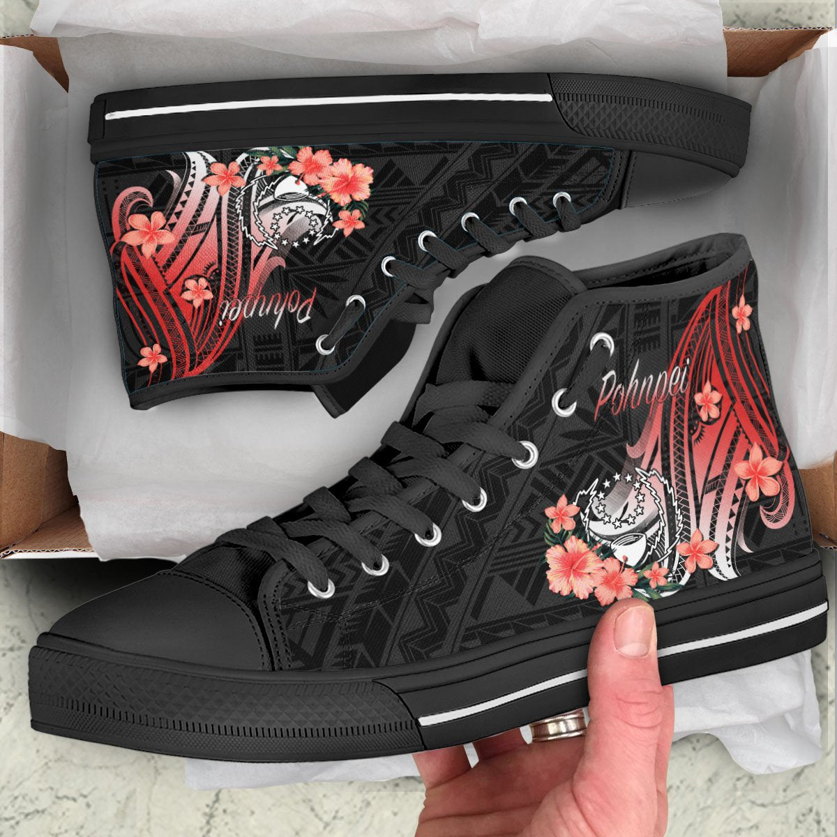 Pohnpei High Top Shoes - Red Polynesian Hibiscus Pattern Style Unisex Black - Polynesian Pride