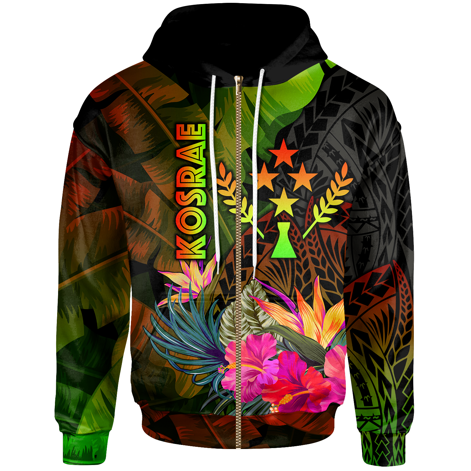 Kosrae Polynesian Zip up Hoodie Hibiscus and Banana Leaves Unisex Reggae - Polynesian Pride