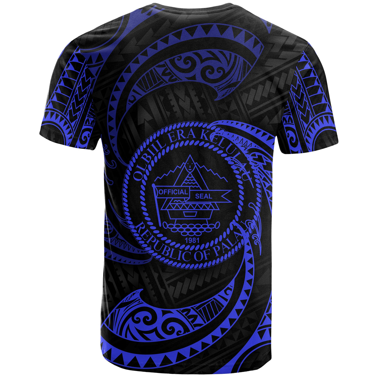 Palau Polynesian All Over T Shirt Blue Tribal Wave - Polynesian Pride