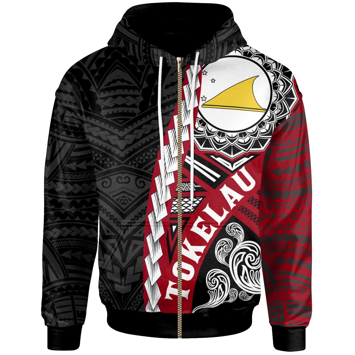 Tokelau Polynesian Zip up Hoodie Wave Tattoo Unisex Black - Polynesian Pride