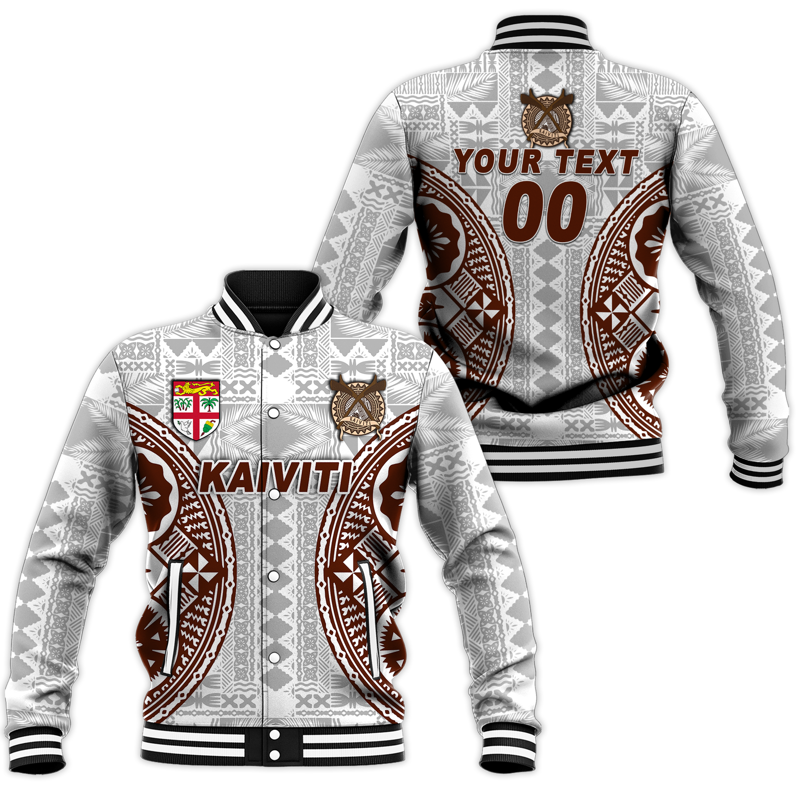 (Custom Personalised) Fiji Kaiviti Tapa Pattern Baseball Jacket - LT12 Unisex White - Polynesian Pride