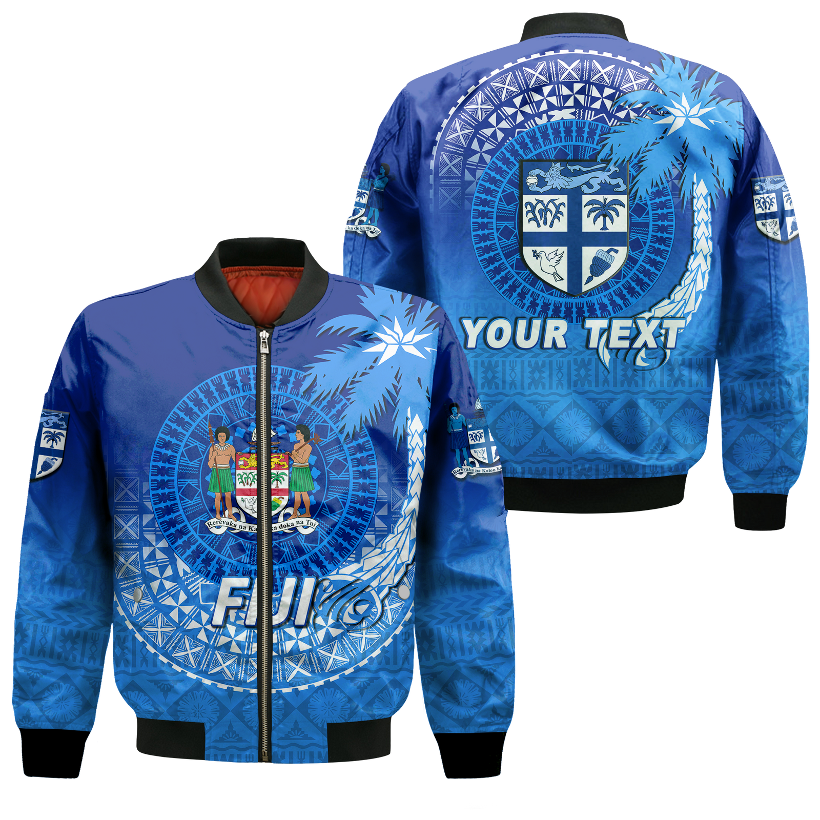 (Custom Personalised) Fiji Tapa Tribal Coconut Tree Bomber Jacket - LT12 Bomber Jacket Blue - Polynesian Pride