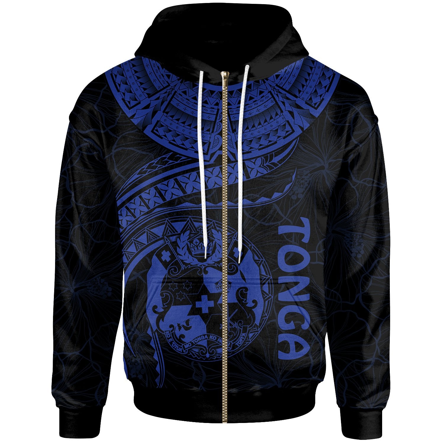 Tonga Polynesian Zip up Hoodie Tonga Waves (Blue) Unisex Black - Polynesian Pride