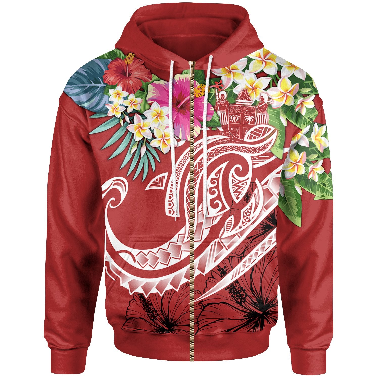 Fiji Polynesian Zip up Hoodie Summer Plumeria (Red) Unisex Red - Polynesian Pride