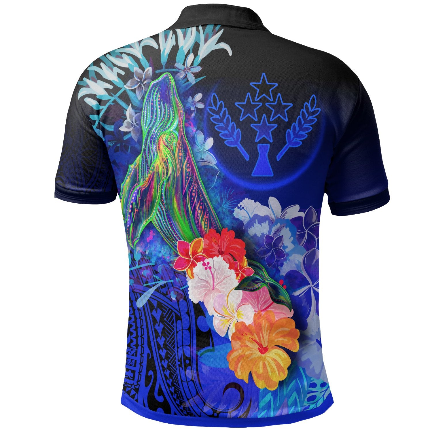 Kosrae Polo Shirt Humpback Whale with Tropical Flowers (Blue) Unisex Blue - Polynesian Pride