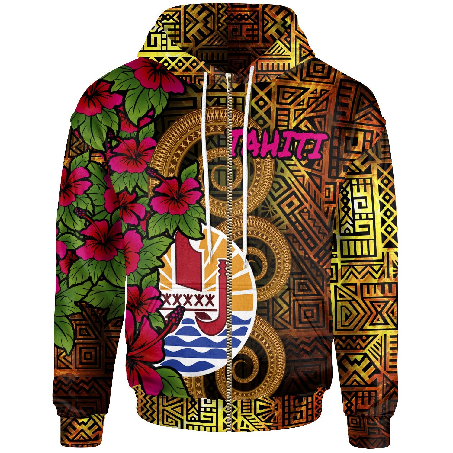 Tahiti Polynesian Zip up Hoodie Hibiscus Vintage Unisex Orange - Polynesian Pride