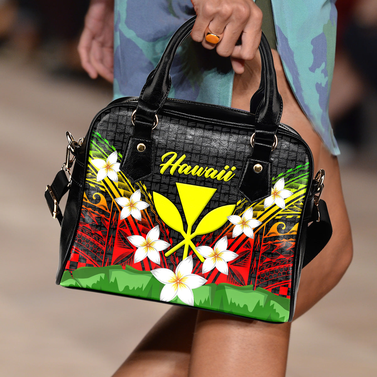 Hawaii Shoulder Handbag - Banana Leaf With Plumeria Flowers - LT12 One Size Reggae - Polynesian Pride