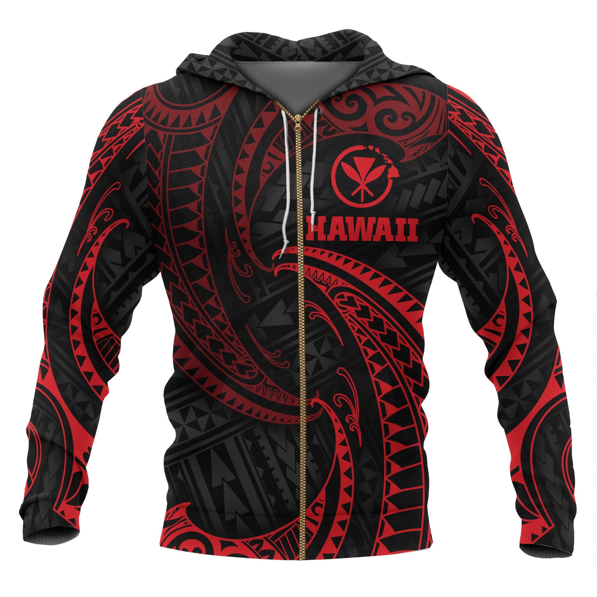 Hawaii Polynesian Zip up Hoodie Red Tribal Wave Unisex Red - Polynesian Pride