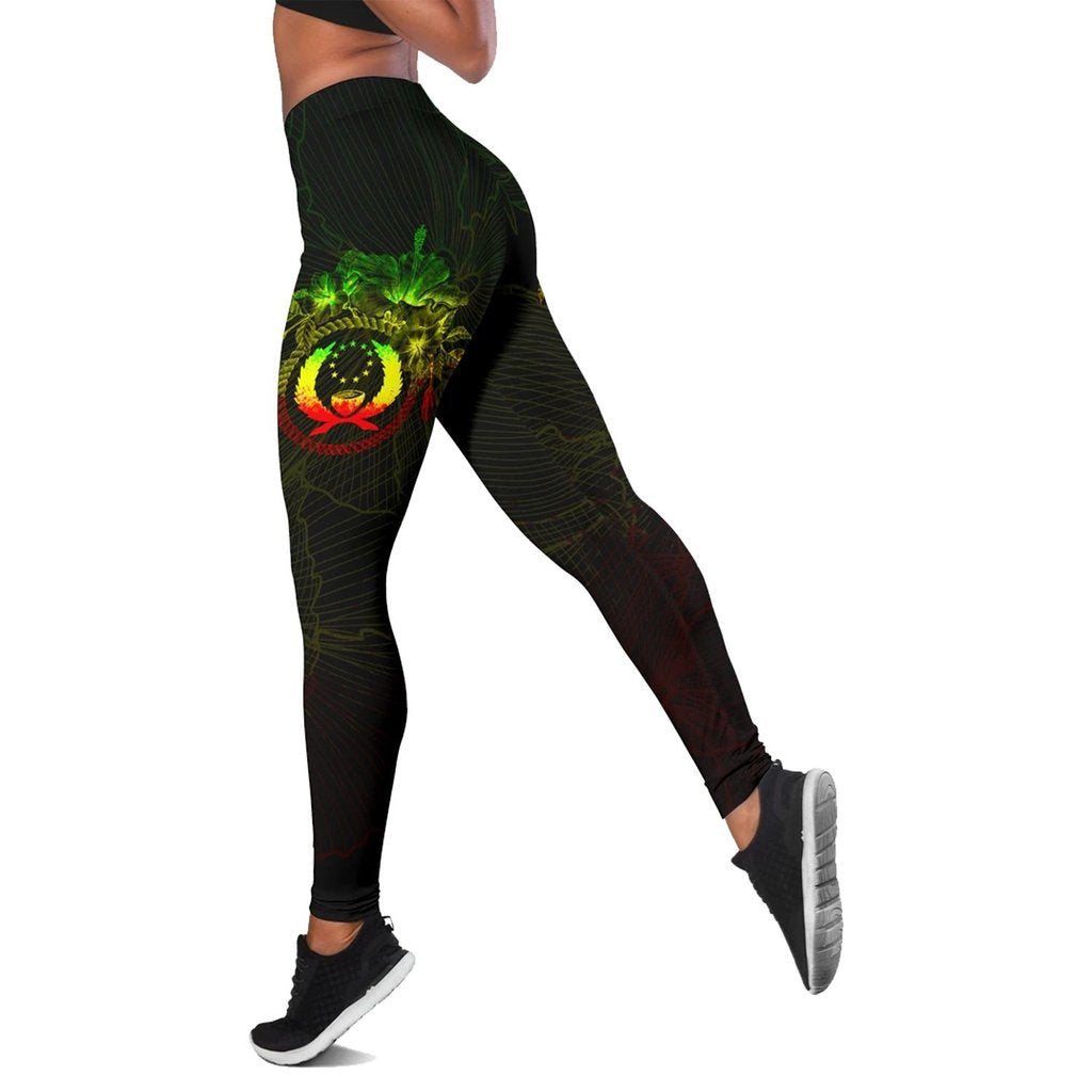 Pohnpei Micronesia Women's Legging - Reggae Turtle Hibiscus Flower Frame Vintage Black - Polynesian Pride