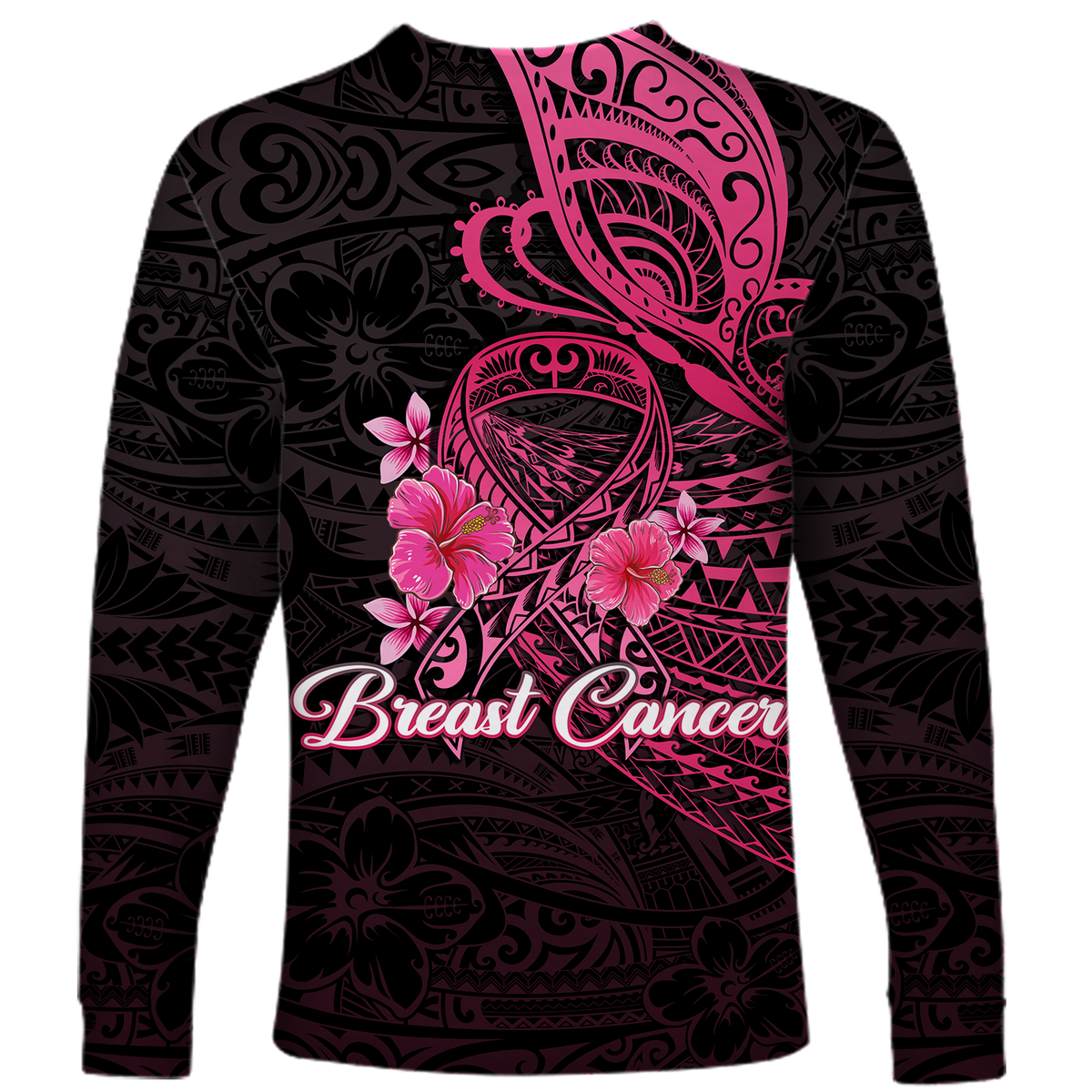 Breast Cancer Pink Ribbon Butterfly Polynesian Black Version Long Sleeve Shirt - LT12 - Polynesian Pride