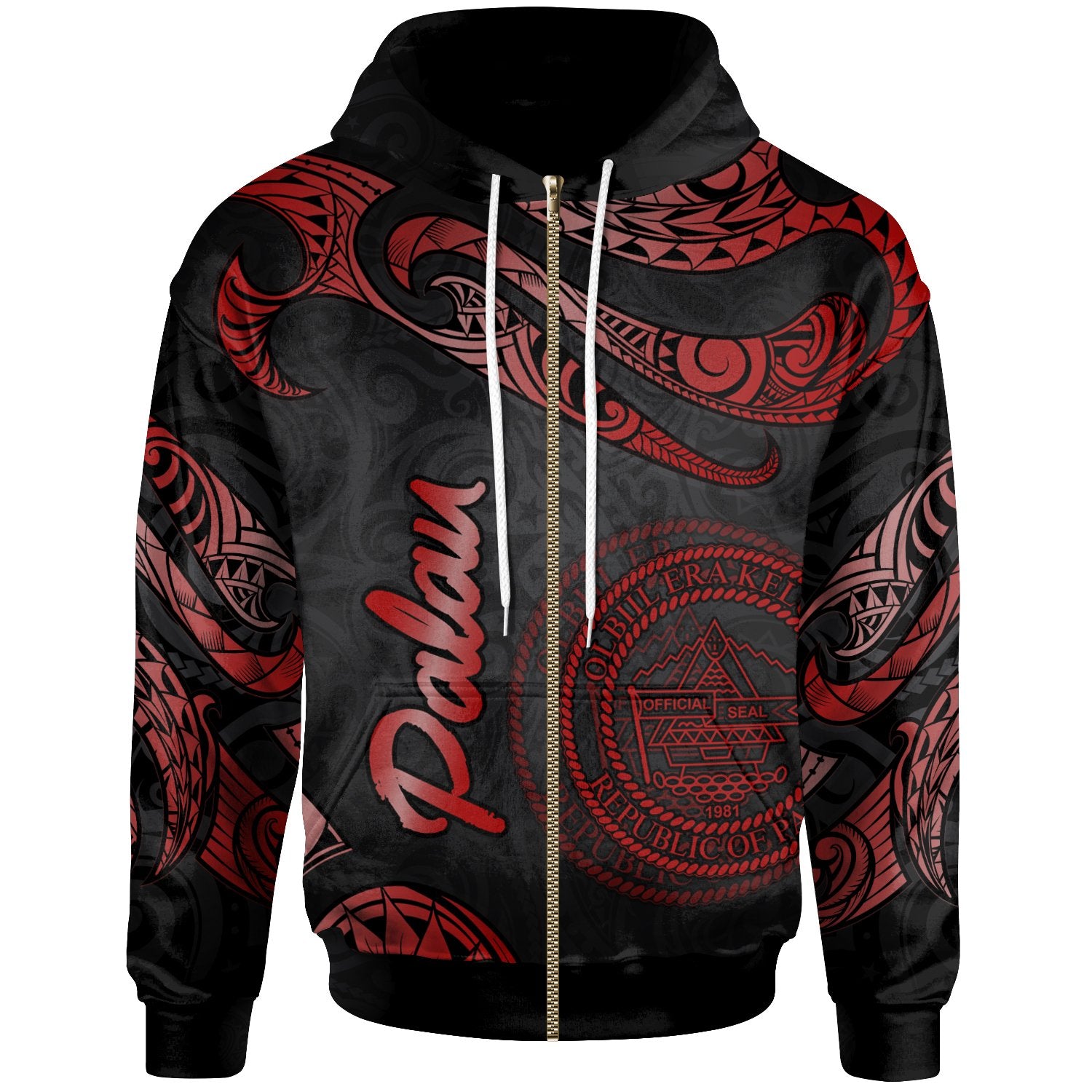 Palau Polynesian Zip Hoodie Polynesian Tattoo Red Version Unisex Red - Polynesian Pride