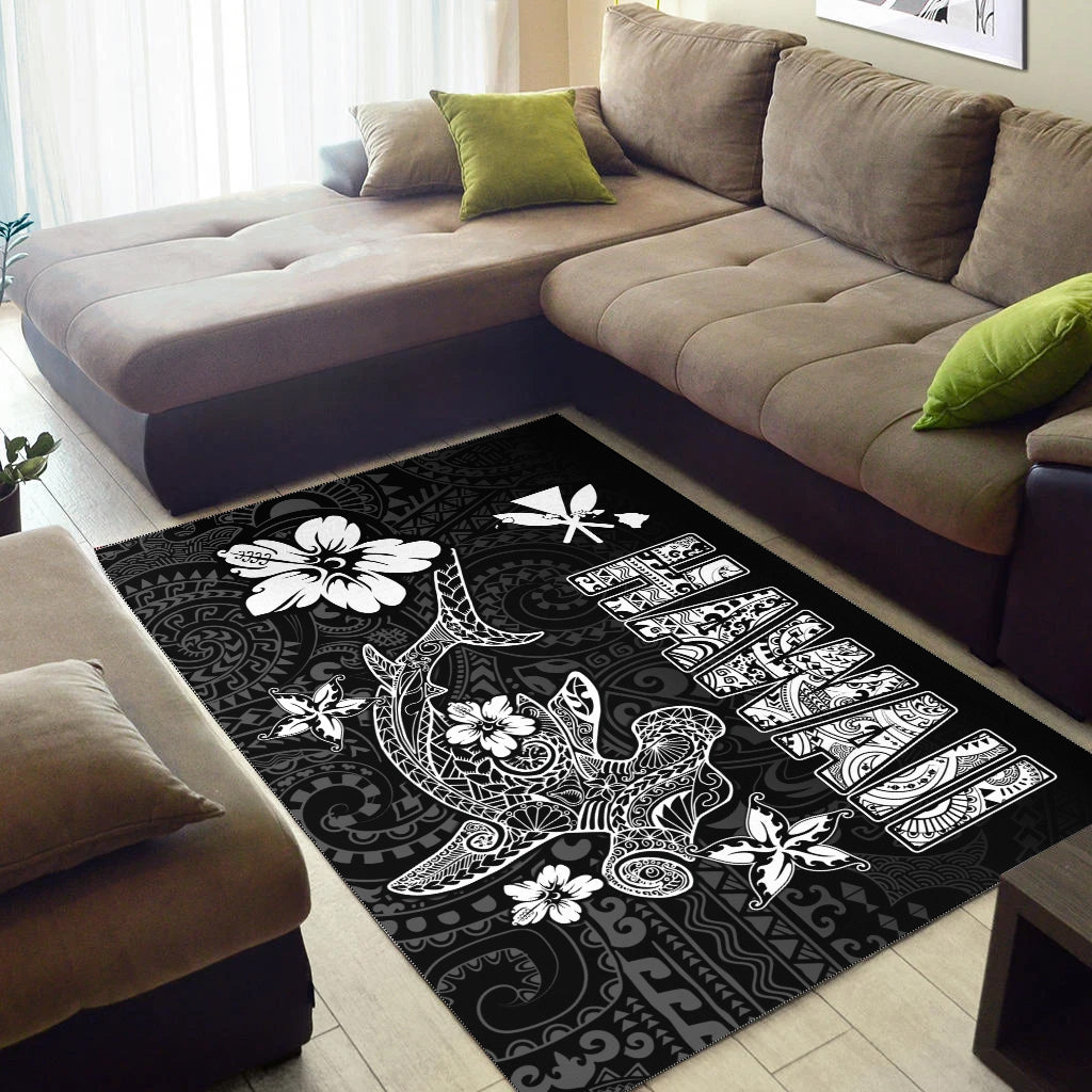 Hawaii Hammerhead Shark Hibiscus Hawaii Pattern Area Rug - LT2 BLACK - Polynesian Pride