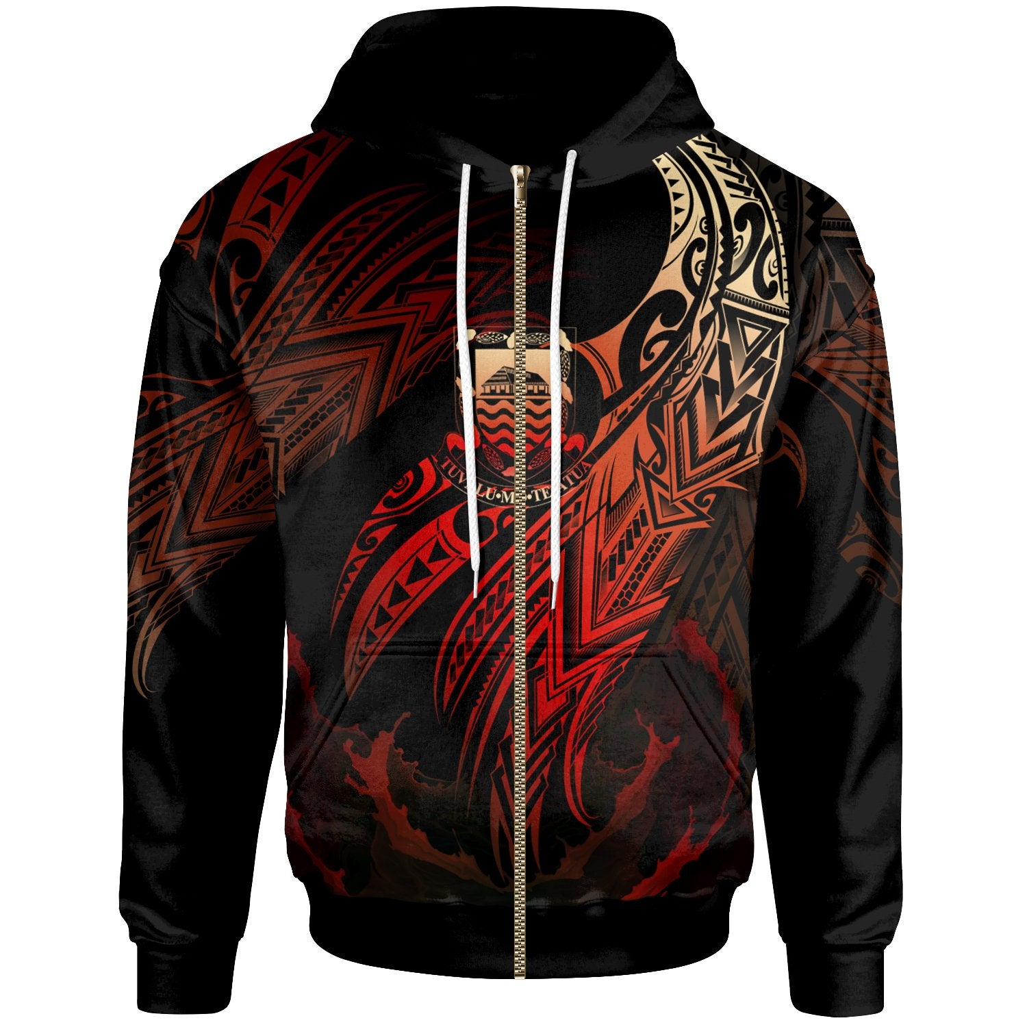 Tuvalu Polynesian Zip Hoodie Legend Red Version Unisex Black - Polynesian Pride