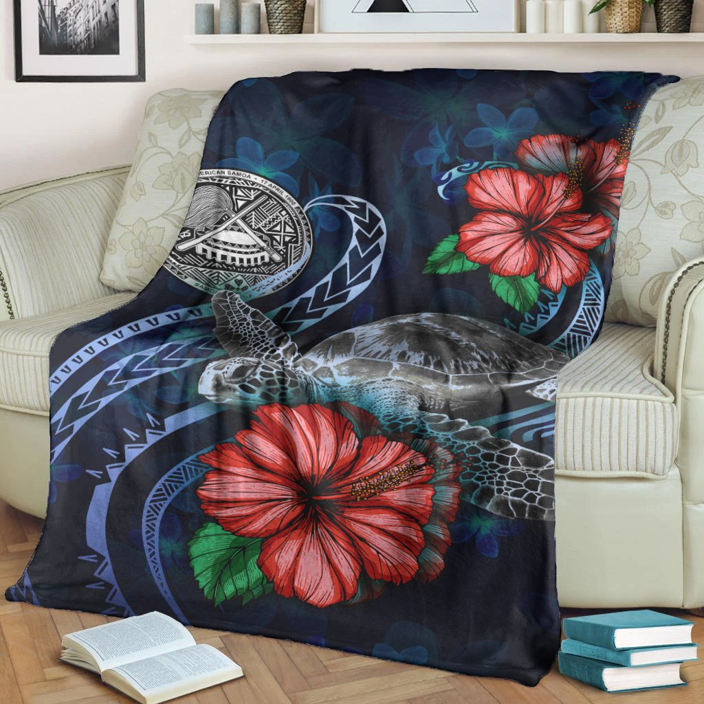 American Samoa Polynesian Premium Blanket - Blue Turtle Hibiscus - Polynesian Pride