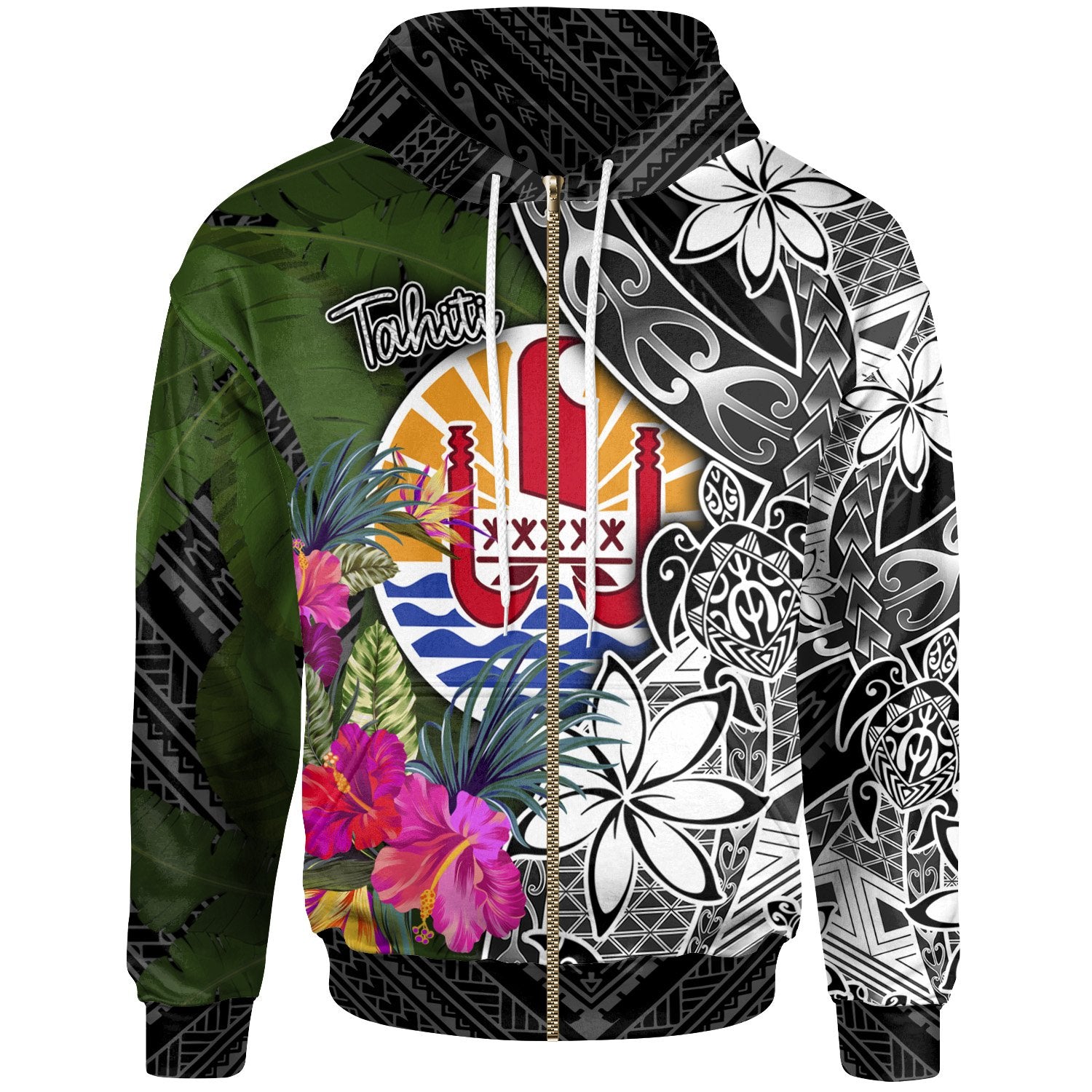 Tahiti Zip up Hoodie Turtle Plumeria Banana Leaf Unisex Black - Polynesian Pride
