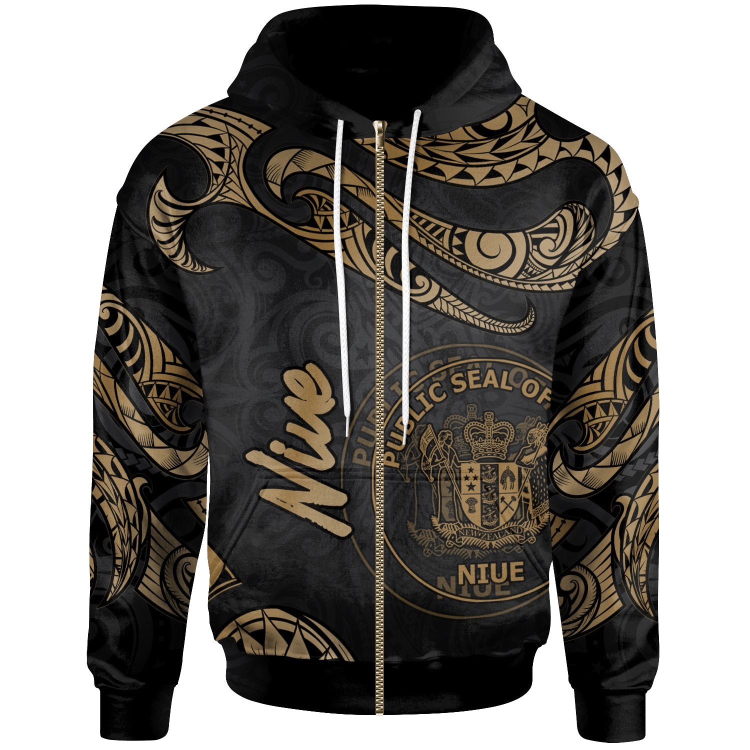 Niue Polynesian Zip Hoodie Polynesian Tattoo Gold Version Unisex Gold - Polynesian Pride