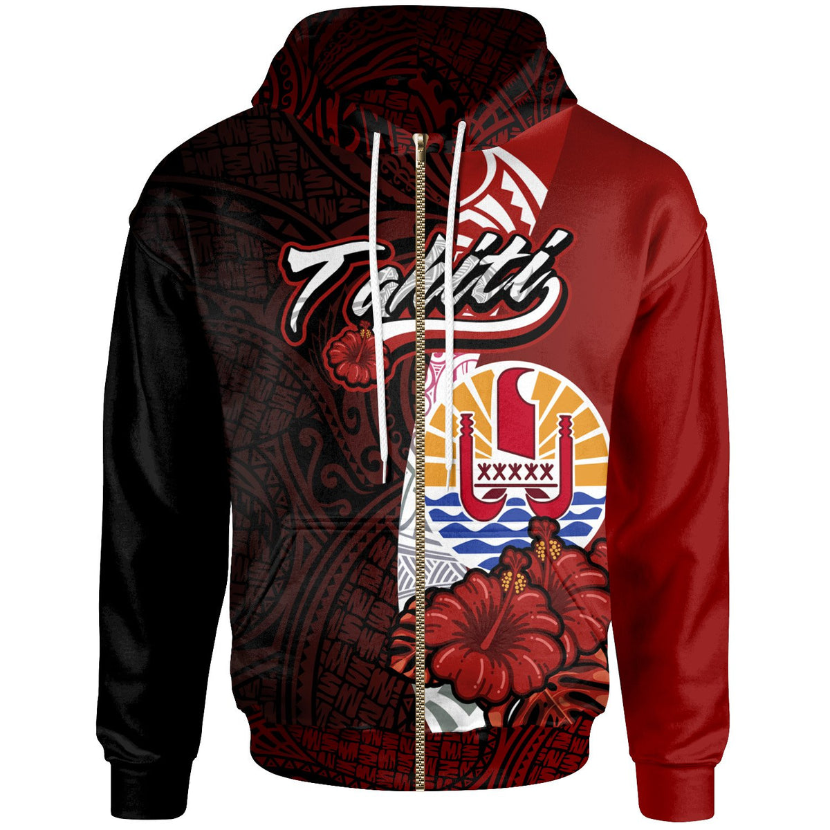 Tahiti Polynesian Zip up Hoodie Coat of Arm With Hibiscus Unisex Red - Polynesian Pride