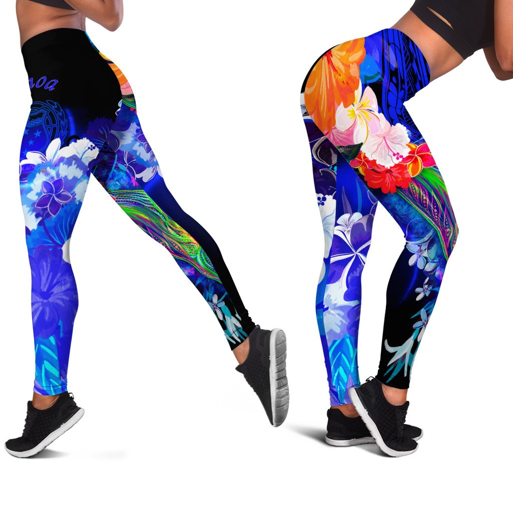 Samoa Leggings - Humpback Whale with Tropical Flowers (Blue) Blue - Polynesian Pride