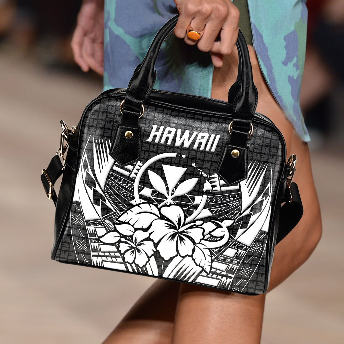 Hawaii Shoulder Handbag - Hibiscus With Tribal White - LT12 One Size White - Polynesian Pride