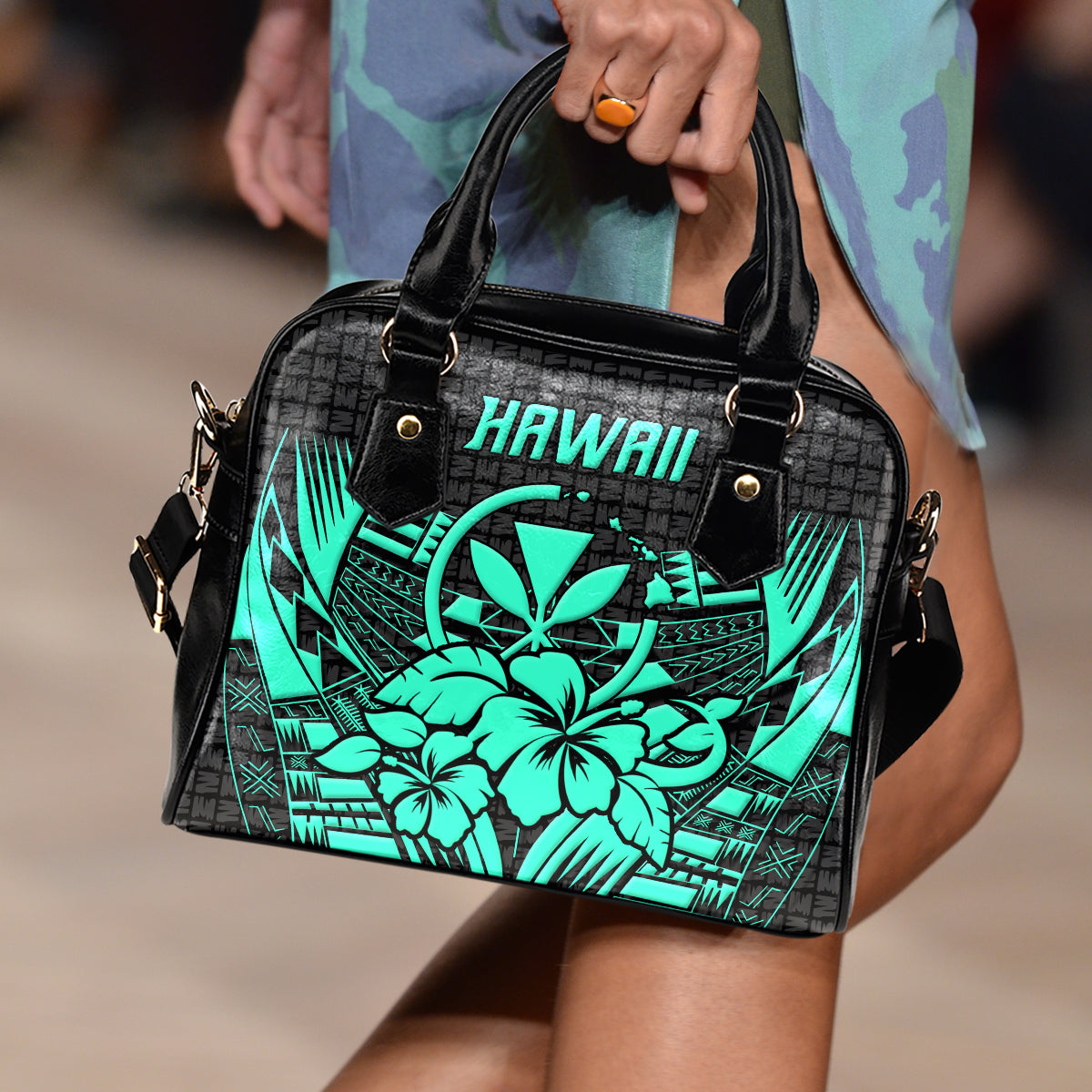 Hawaii Shoulder Handbag - Hibiscus With Tribal Turquoise - LT12 One Size Blue - Polynesian Pride