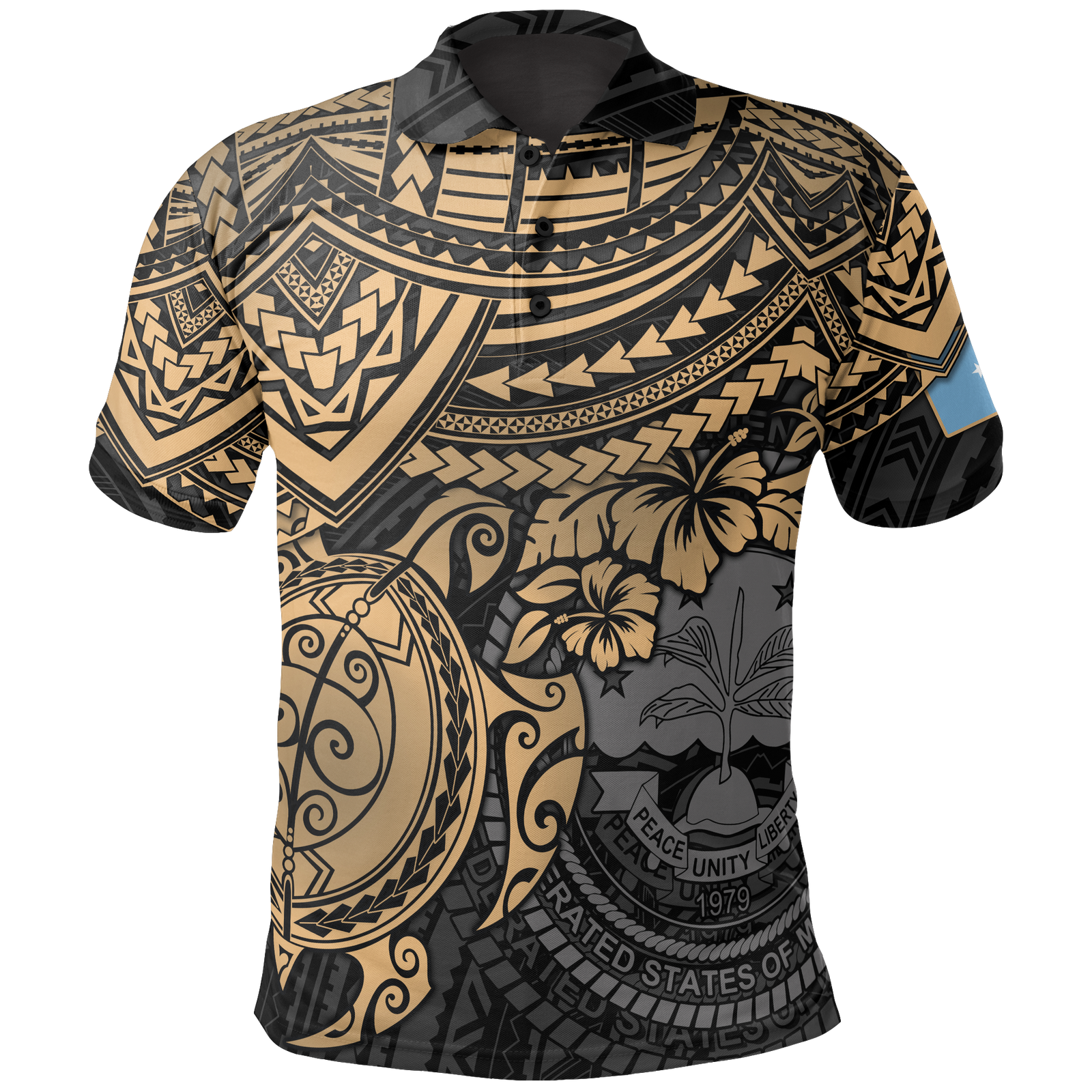Federated States of Micronesia Polo Shirt Federated States of Micronesia Flag Seal Golden Turtle Hiciscus Unisex BLACK - Polynesian Pride