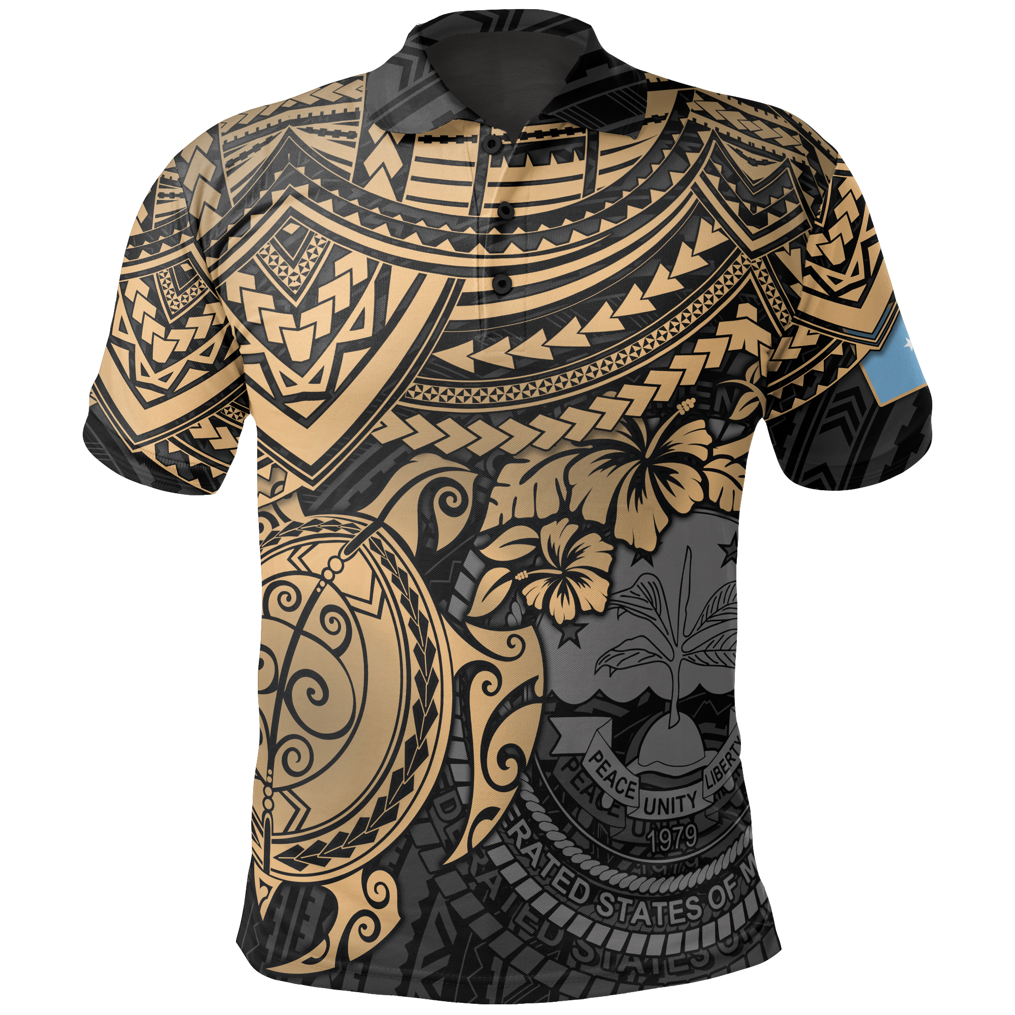 Federated States of Micronesia Polo Shirt Federated States of Micronesia Flag Seal Golden Turtle Hiciscus Unisex BLACK - Polynesian Pride