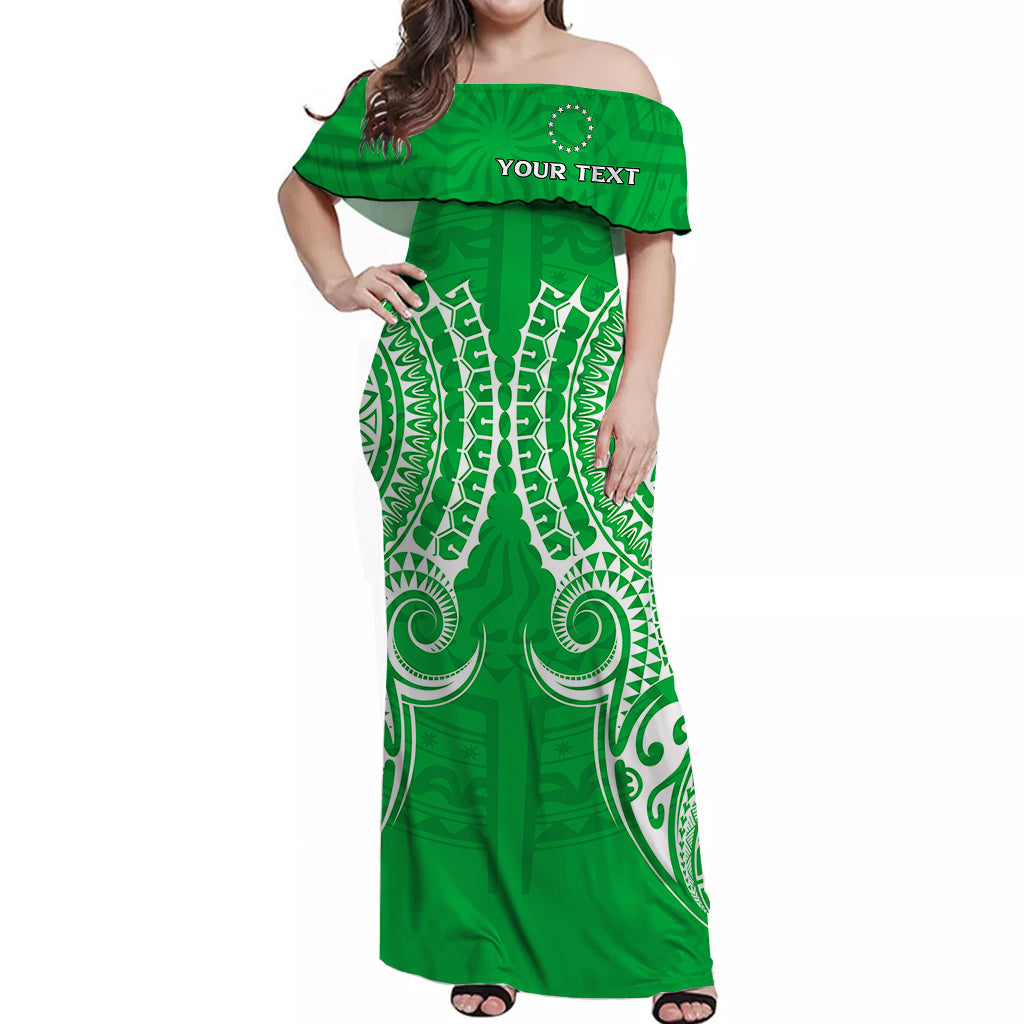 (Custom Personalised) Cook Islands Rarotonga Off Shoulder Long Dress - Tribal Pattern - LT12 Long Dress Green - Polynesian Pride