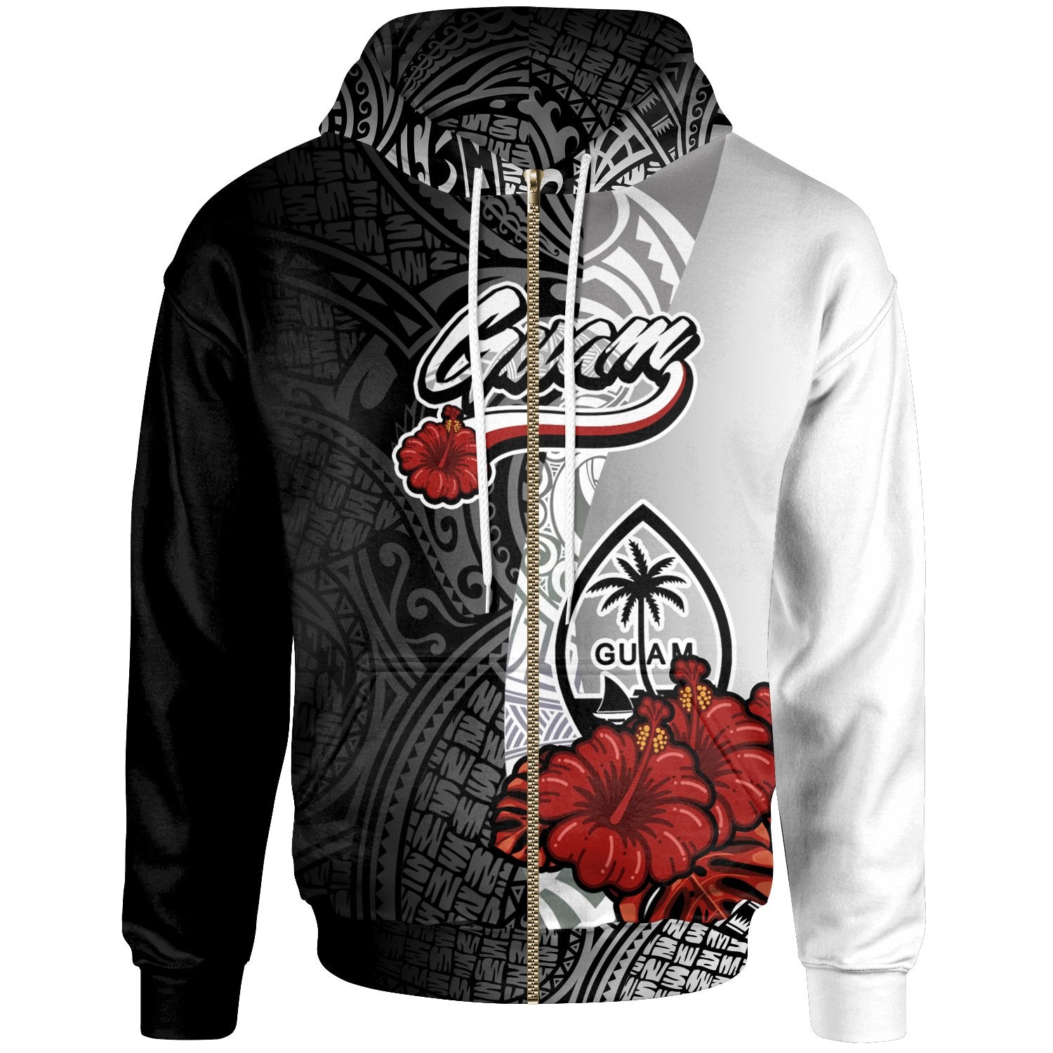 Guam Polynesian Zip up Hoodie Coat of Arm With Hibiscus White Unisex White - Polynesian Pride