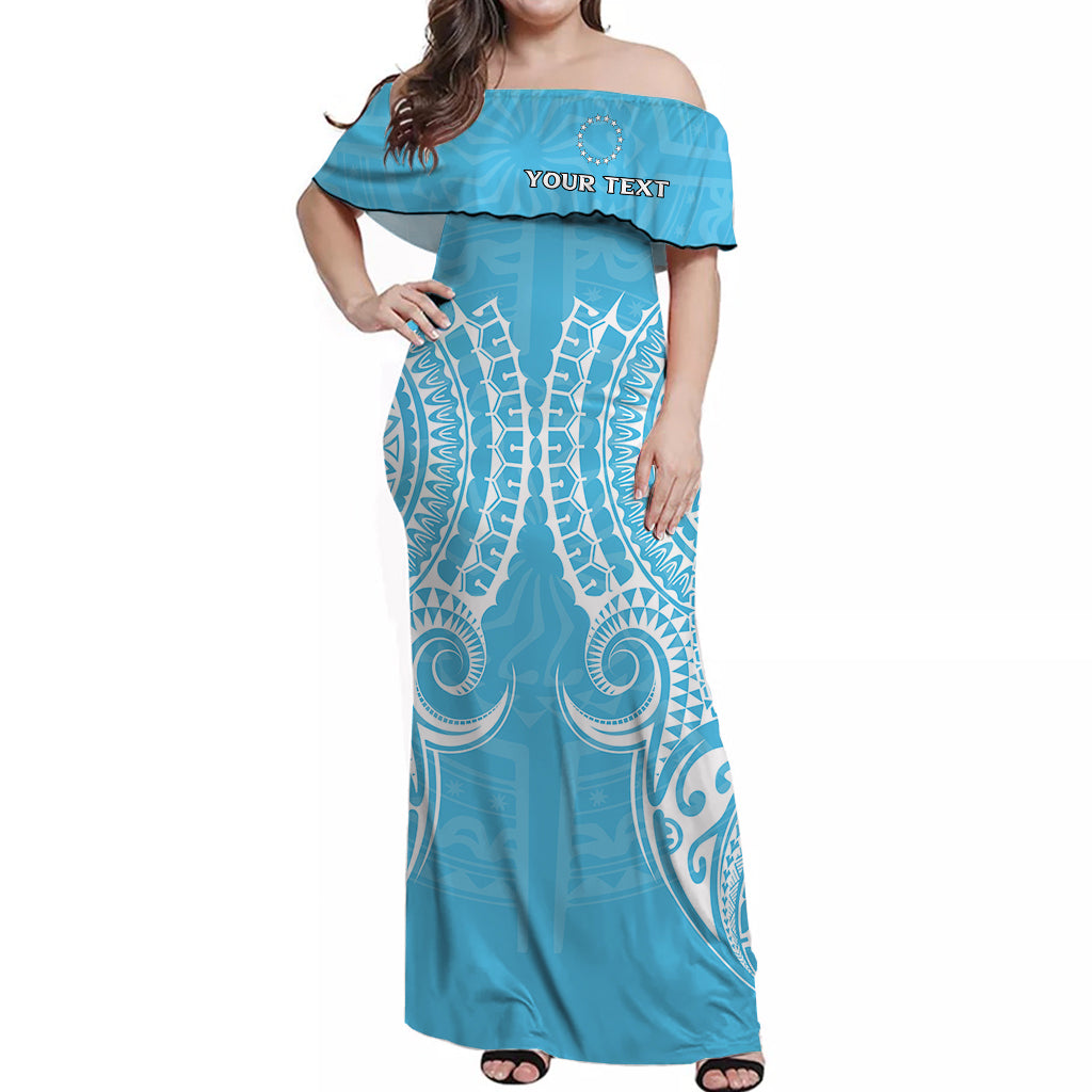 (Custom Personalised) Cook Islands Mauke Off Shoulder Long Dress - Tribal Pattern - LT12 Long Dress Blue - Polynesian Pride